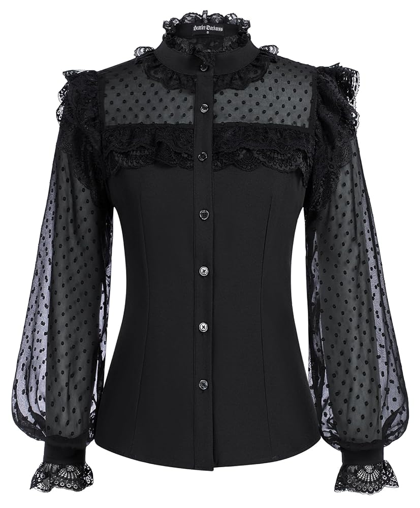 トップス Victorian Blouse medenius Scarlet Darkness Women Gothic Blouse Polka Dot Puff Sleeve